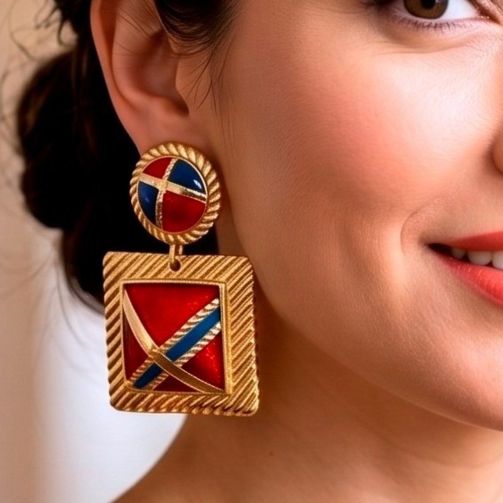 Vintage Sue Ellen Gold Tone Red Blue Enamel Geometric Square Drop Post Earrings